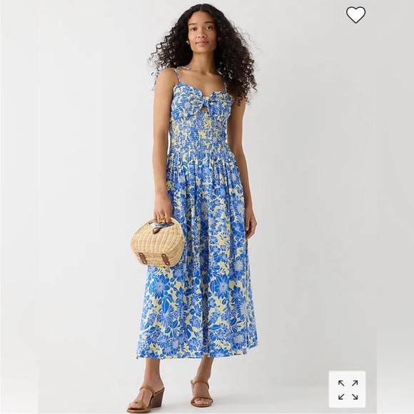 New J. Crew Collection tie shoulder smocked midi maxi dress floral cotton poplin - Picture 4 of 16